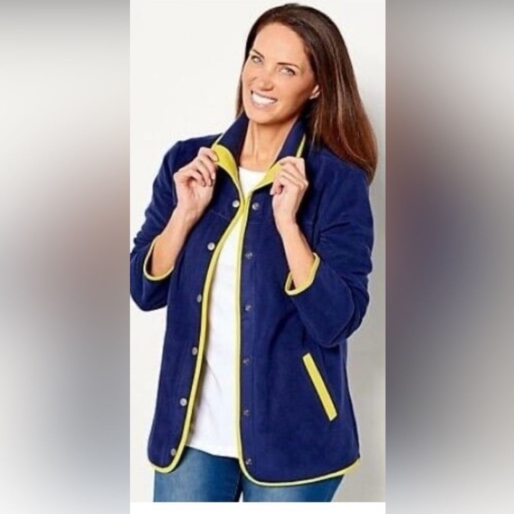 COPY - SUSAN GRAVER WEEKEND POLAR FLEECE JACKET WITH CONTRAST TRIM NAVY / LIME …
